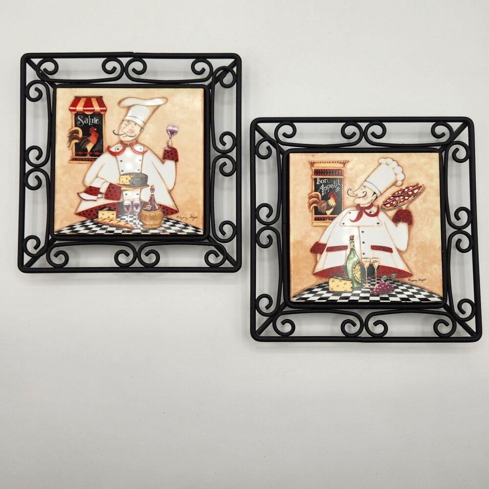 Sydney Wright Italian Chef Square 6” Ceramic Tile Wire Frame Trivet Set of 2